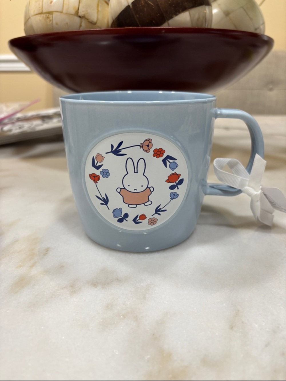 Magenta Light Blue Ceramic Mug with Bunny Floral Medallion